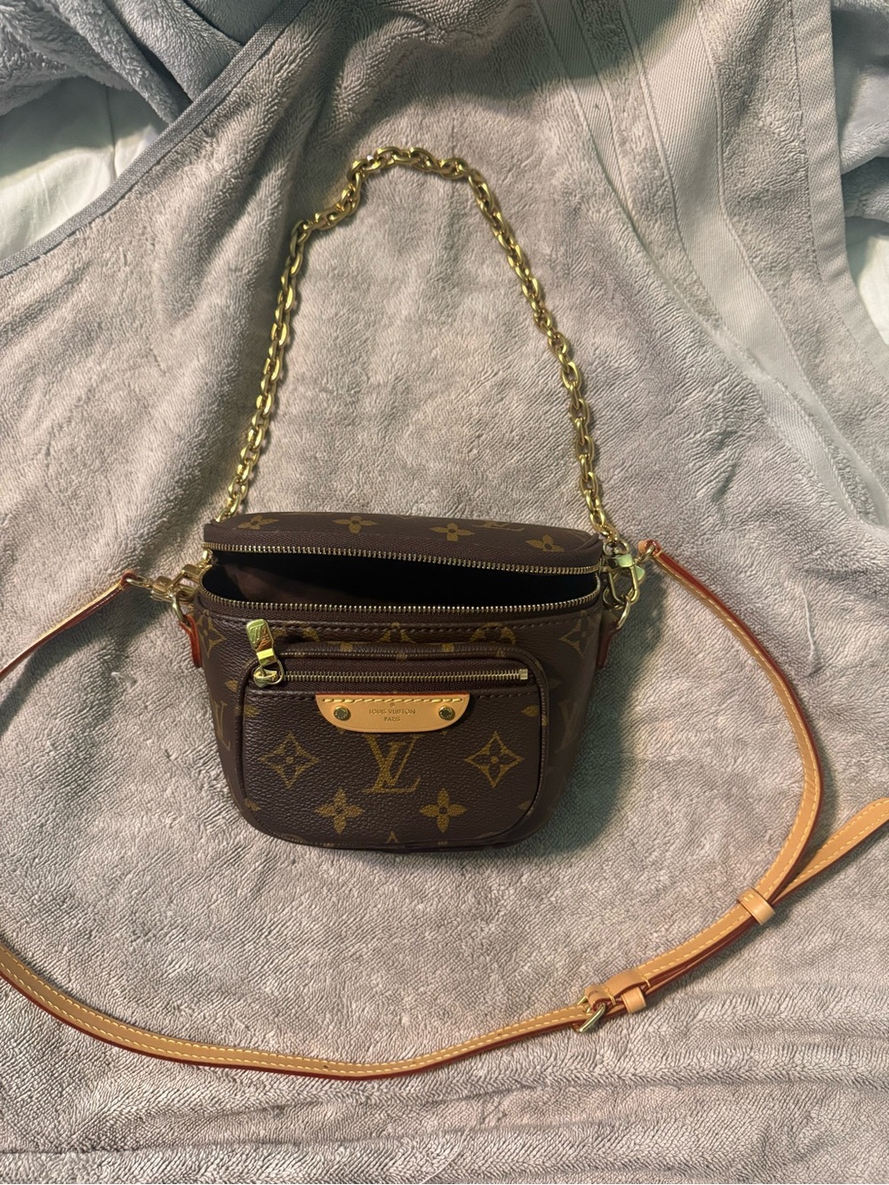 Louis Vuitton Brown Monogram Crossbody with Gold Chain and Tan Strap Mini Bumbag